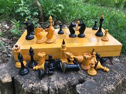 Soviet old chess set 1960s, wooden chess game made in USSR, Russsian vintage chess wood
