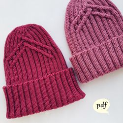 Accented Hat Knitting Pattern Mom and Daughter Set Ribbed Hat