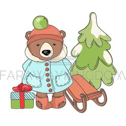 BEAR SLEIGH Merry Christmas Cartoon Vector Illustration Set