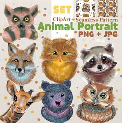 Animal Clipart Cute, pet portraits, Woodland wallpaper, nursery prints, kitten pictures