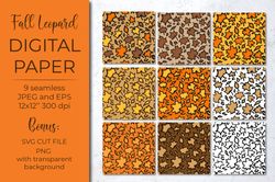 Fall Leopard digital paper. Maple leaves leopard print