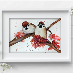 Sparrows watercolor bird painting birds on a branch 8x11 inch original art by Anne Gorywine
