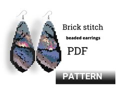Brick stitch pattern. Beaded earrings with fringe. Nature print earrings DIY. Mountains Seed bead pattern.