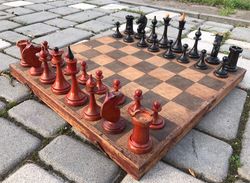 Stalin Era antique wooden chess set USSR, Soviet chess 1953 made, Russian red black 70 years old chessmen vintage