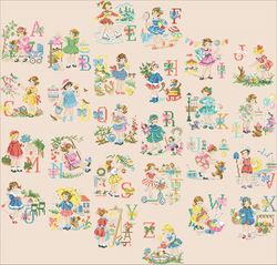 Vintage digital pattern pdf / Alphabet of Little Girls / Cross stitch pattern