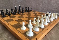 Soviet carbolite chessmen white black & wooden chessboard vintage chess set USSR