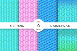 Mermaid digital paper set. Mermaid scale seamless pattern.