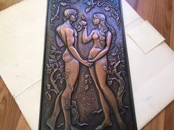 Adam & Eve vintage chasing, Religious themed wall stamping Soviet decor vintage