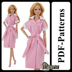 PDF Pattern Robe-Dress for 11 1/2 Fashion Royalty, FR2, Pivotal, Repro, Curvy, Made-to-Move, Silkstone Barbie doll