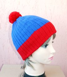 Red Blue Stan,Knit Cap Costume, beanie hat, South Park Cosplay pompom,fisherman hat,mens knit hat,hat for teenagers, hun