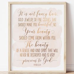Your Beauty Should Come From Within You, 1 Peter 3:3-4, Bible Verse Printable Wall Art, Scripture Print, Christian Gifts