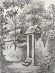 Village Original Charcoal Drawing on Canvas, Nature Illustration