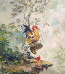Rooster and Hen walk Painting on Canvas, Chicken Wall Art, Hen painting, Nature Art
