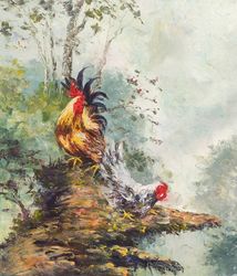 rooster looks at hen acrylic painting on canvas, chicken wall art, hen painting, nature art, rooster walking