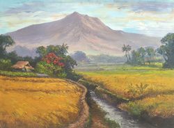 Mountain Landscape Painting, Rice Fields Art, Oil Wall Art