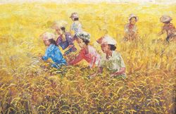 Yellow Paddy Field Harvesting Painting Oil on Canvas, Rice field Wall Art