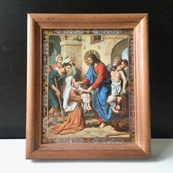 Christ Healing Sick Icon | Lithography print in wooden frame covered with glass | Size: 16 x 13 x 2 cm (6" x 5")