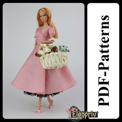 PDF Pattern Beautiful taffeta dress with tulle underskirt for 11 1/2 FR2, Pivotal, Repro, MTM, Silkstone Barbie doll