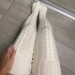 White Over Knee Socks Extra Long Warm Thigh High Knited Socks Womens Leg Warmers Winter Slouchy Loose Socks