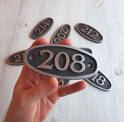 Address oval door number plate 208 - vintage apartment number sign