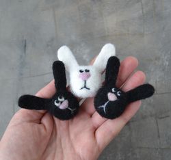 Cute white and black bunny animal brooch for women Needle felted wool hare pin Handmade animal jewelry