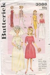 Digital Vintage Sewing Patterns Butterick 3088 Clothes for Barbie and Fashion Dolls 11 1\2 inches