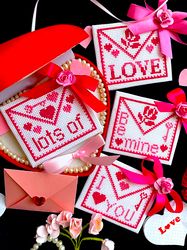 set of 4 valentines day  ornaments by crossstitchingforfun, valentine cards cross stitch patterns pdf  instant download