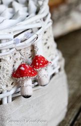 Amanita muscaria earring, Handmade mushroom earrings, Red Mushrooms, Fairy Tale
