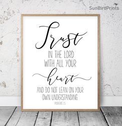 Trust In The Lord With All Your Heart, Proverbs 3:5, Bible Verse Printable Art, Scripture Prints, Christian Gifts, Kids