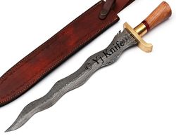 Custom Hand Forged, Damascus Steel Functional Sword 24 inches, Kris Blade, Flamberge Swords Battle Ready, With Sheath