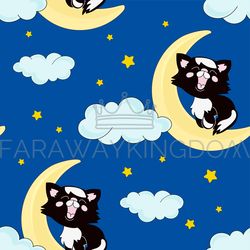 BLACK CAT Night Cartoon Vector Illustration Seamless Pattern