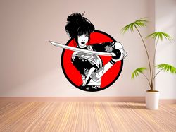 samurai girl sticker, japanese martial art, wall sticker vinyl decal mural art decor full color sticker
