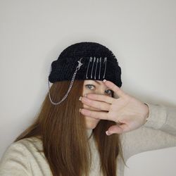 Fluffy beanie crochet Punk beanie with chain Black hip hop skull hat Velvet beanie hat handmade