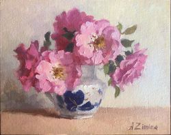 Pink roses oil painting, flower bouquet small oil painting still life, original oil painting florals