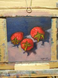 Original Oil Painting Strawberry Trio Wall Art Still Life Bright Color Kitchen Decoration Gift to Mom