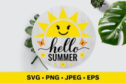 Hello summer SVG. Smiling sun. Round door sign