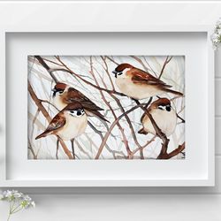 Sparrows watercolor bird painting birds on a branch original art by Anne Gorywine