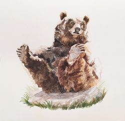 Bear Original Watercolor Painting Animal Painting Funny Bear Wall Decor by Guldar