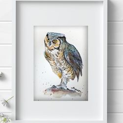 Great horned owl watercolor bird painting birds on a branch original art by Anne Gorywine