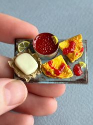 Doll miniature pancakes with red caviar for playing with dolls, dollhouse, scale 1:12, polymer plastic