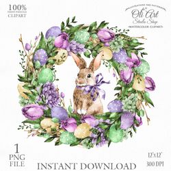Easter Clip Art. Easter Wreath. Cute Bunny. Png File, Hand Drawn graphics. Digital Download. OliArtStudioShop