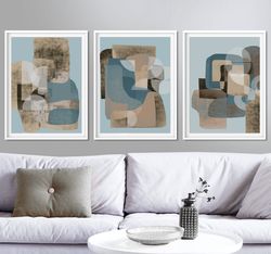 Abstract Poster Blue Wall Art Set Of 3 Prints Abstract Pastel Art Triptych Shapes Art Instant Download Modern Artwork