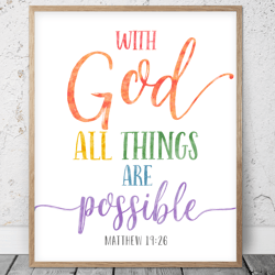 With God All Things Are Possible, Matthew 19:26, Bible Verse Printable Art, Scripture Prints, Christian Gifts, Kids Room