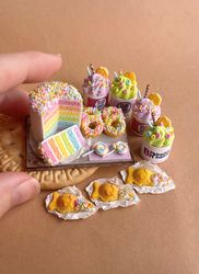 Miniature rainbow cake set with donuts on a tray for playing with dolls, dollhouse, scale 1:12, miniature pastries