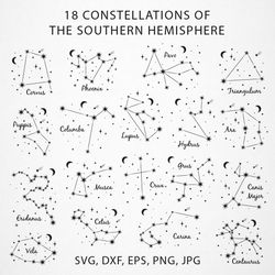 Southern Hemisphere constellations bundle in black, white and gold in EPS, SVG, DXF, PNG, JPG, Astrology, Celestial map