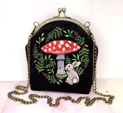 Black bag with embroidered mushrooms, goblincore bag, crossbody.
