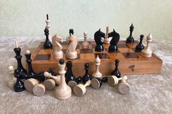 Big weighted wooden chess set USSR, Old large vintage soviet chess 1960s