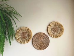 Wall set of 3 baskets for living room decor. Wicker handmade plates