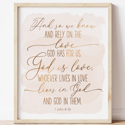 God Is Love, 1 John 4:16, Bible Verse Printable Wall Art, Scripture Prints, Christian Gifts, Baptism Gift Girl, Bedroom