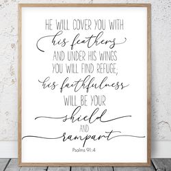 He Will Cover You With His Feathers, Psalms 91:4, Bible Verse Printable Art, Scripture Prints, Christian Gift, Kids Room